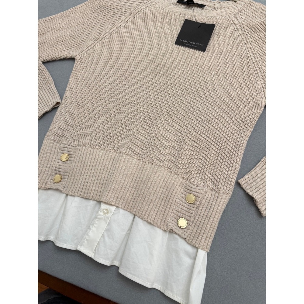 Marc New York Andrew Marc Layered Sweater French Oak Beige Gold Button NWT - Picture 4 of 8